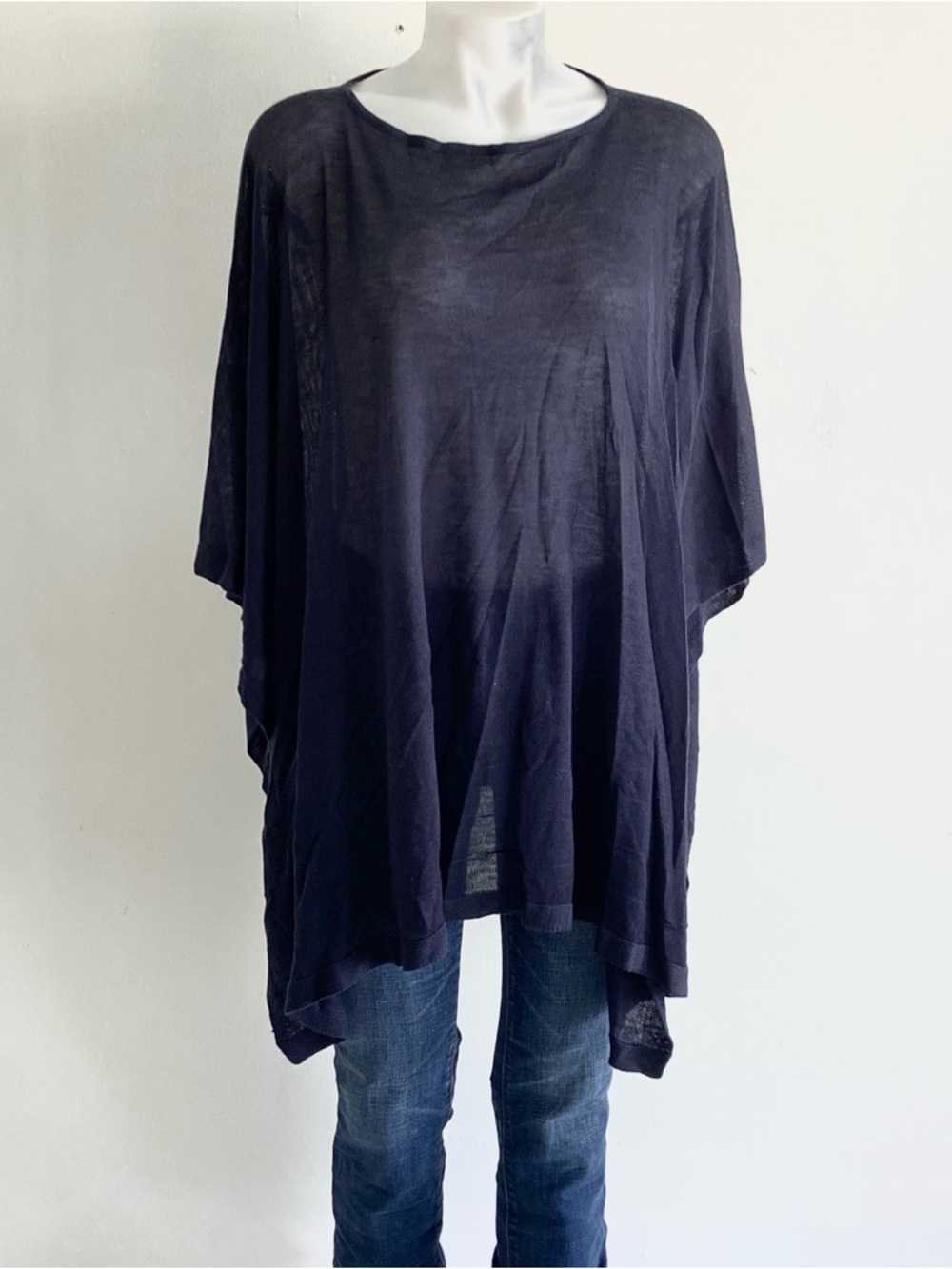 3/$25 Brooks Brothers Navy Linen Look Draped Tunic Top Ponco Semi Sheer One Size